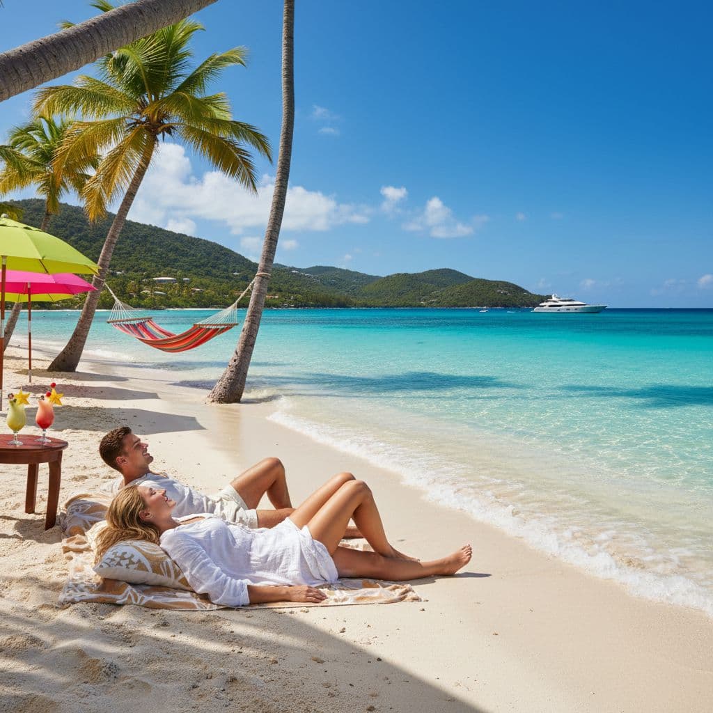 Couple relaxing on a luxurious Caribbean beach at sunset during an all-inclusive vacation in 2026