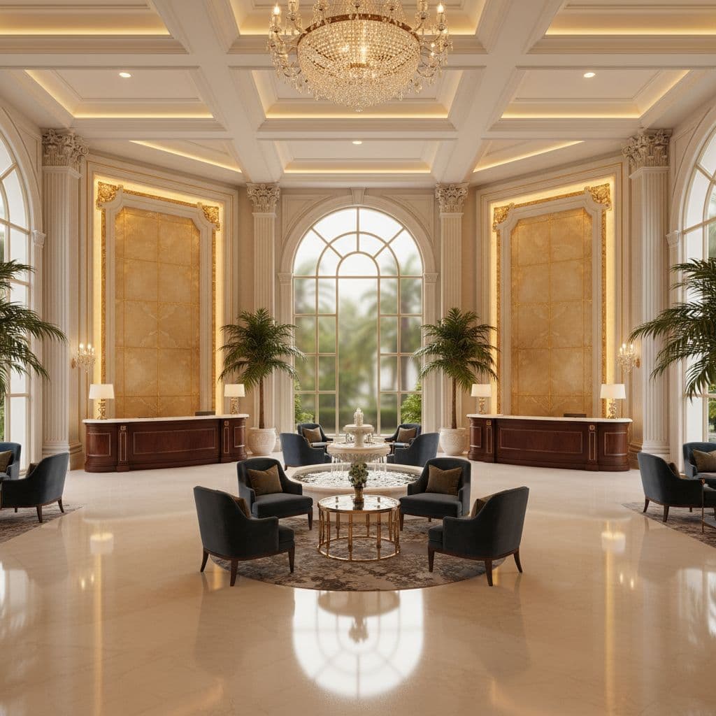 A bright hotel reception area features polished marble floors and sophisticated architectural design.