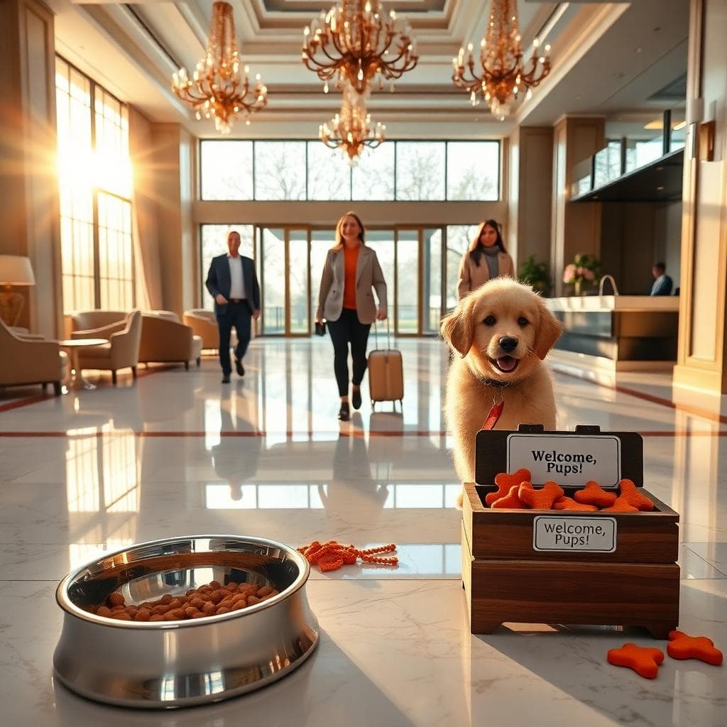 Hotel lobby with pet bowls and treat station