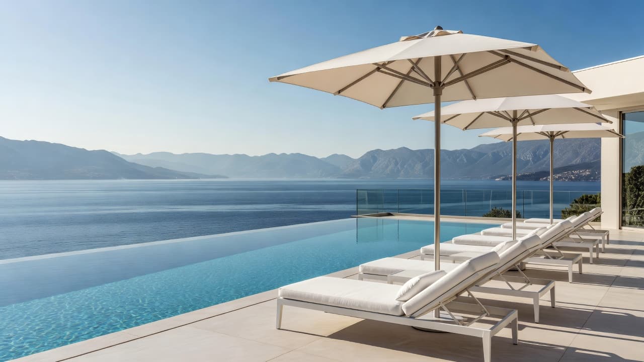 Luxury Adriatic terrace featuring white lounge chairs and modern umbrellas lining a sleek infinity pool overlooking a deep blue bay.