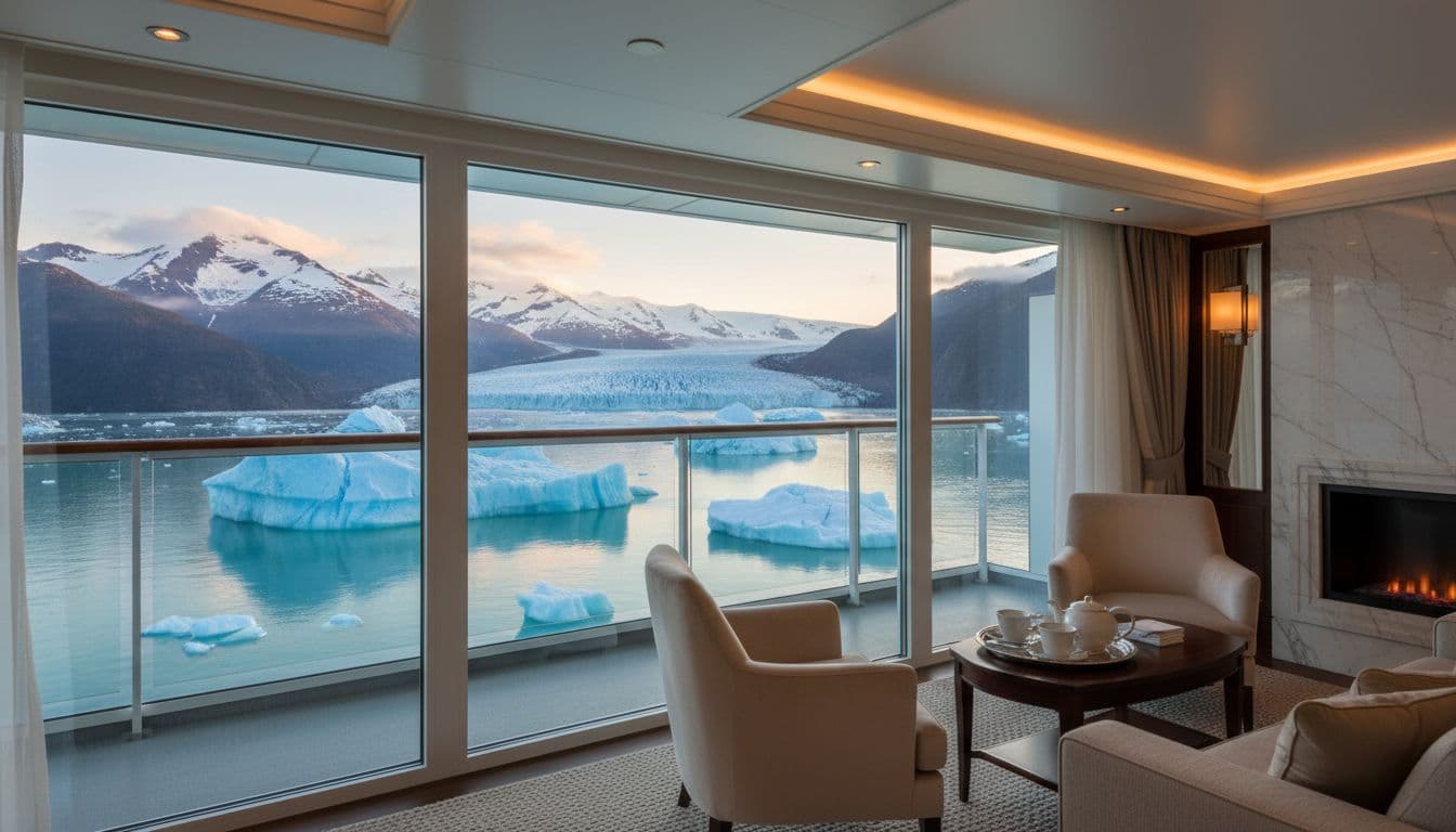 Elegant balcony suite interior on a luxury cruise ship with large windows overlooking a serene glacier fjord in Alaska, plush seating, soft evening light on icebergs, high detail realistic style, no people.