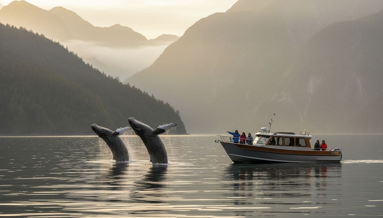 Humpback whales breach near a small luxury tour boat during a premium whale watching excursion in Alaska's misty fjords
