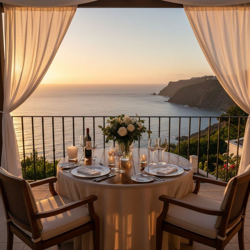 An elegant table for two sits on a balcony overlooking the sea at sunset.