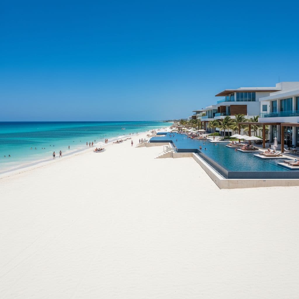 A modern beachfront resort in Cancun featuring white sand, turquoise waters, and multi-level infinity pools.