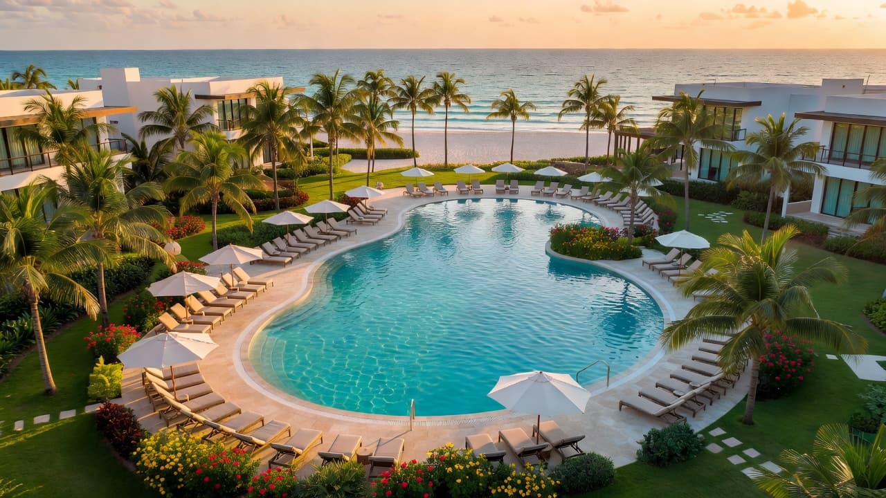 A turquoise swimming pool sits at the center of a lush tropical garden, framed by neatly arranged sun loungers under the soft, golden light of late afternoon near the Caribbean shore.