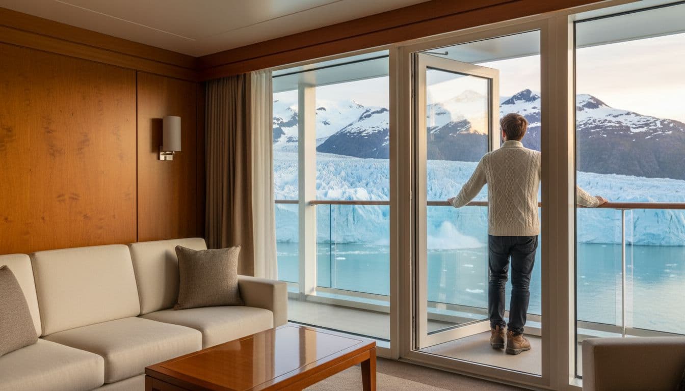 Elegant interior of a luxury cruise ship balcony suite with floor-to-ceiling windows overlooking a massive calving glacier and icy fjord in Alaska
