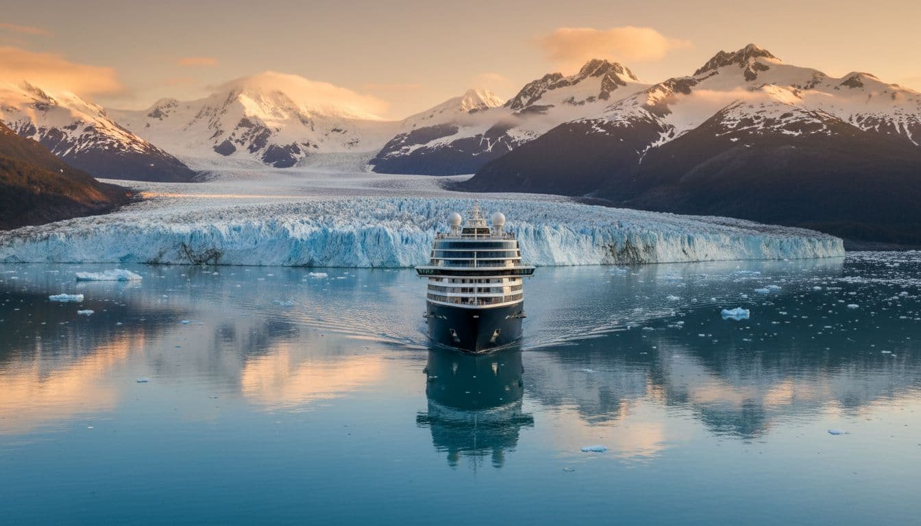 Luxury cruise ship near Alaska glacier