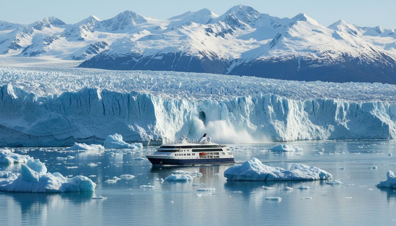 Small luxury cruise ship navigating close to massive calving glacier in Glacier Bay Alaska, with icy blue waters and floating icebergs