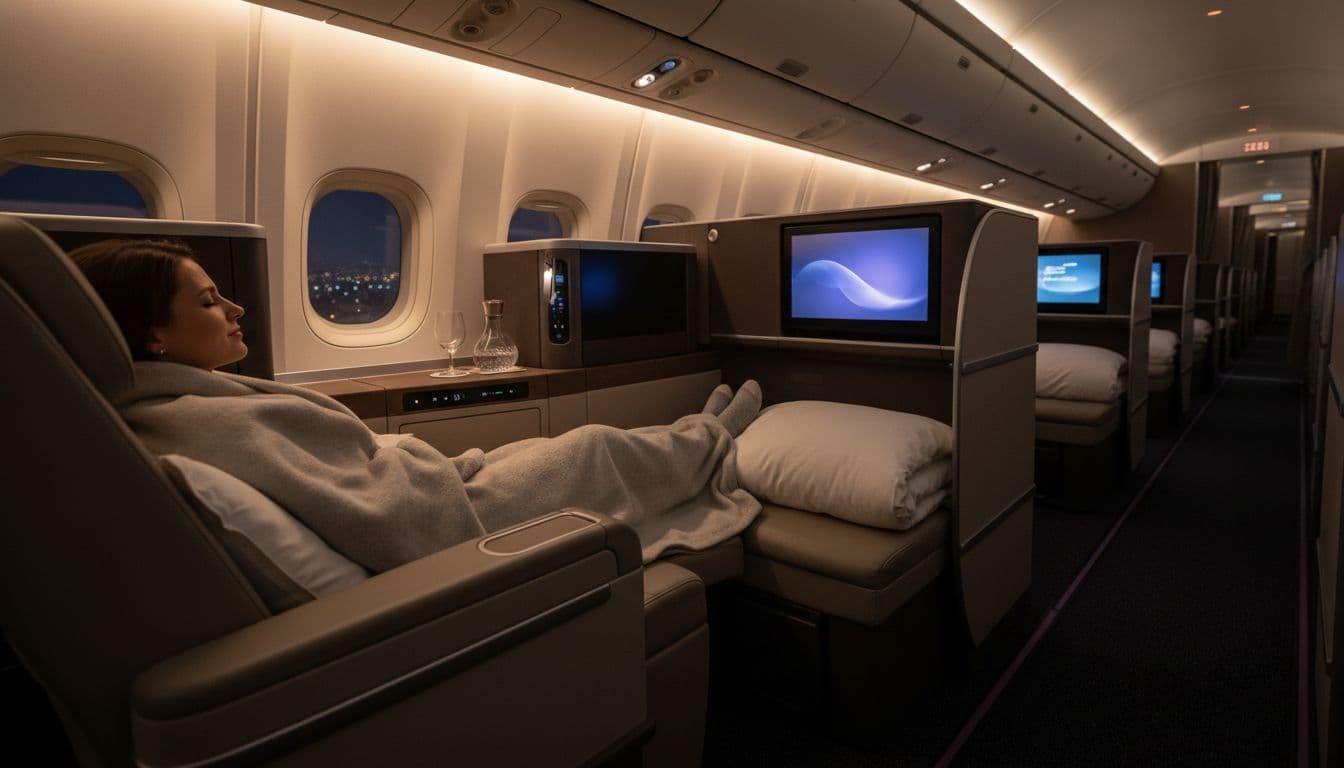 Elegant business class seat in airplane cabin with passenger relaxing, wide angle view showing luxury amenities like large screen and bedding, soft cabin lighting, realistic photography style, high detail.