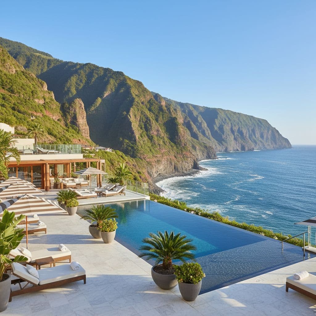 An elegant hotel terrace features comfortable seating facing dramatic green cliffs and the deep blue Atlantic ocean.