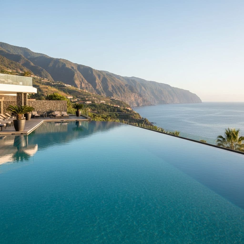 An empty infinity pool overlooks the blue ocean and steep mountains on the coast of Madeira.