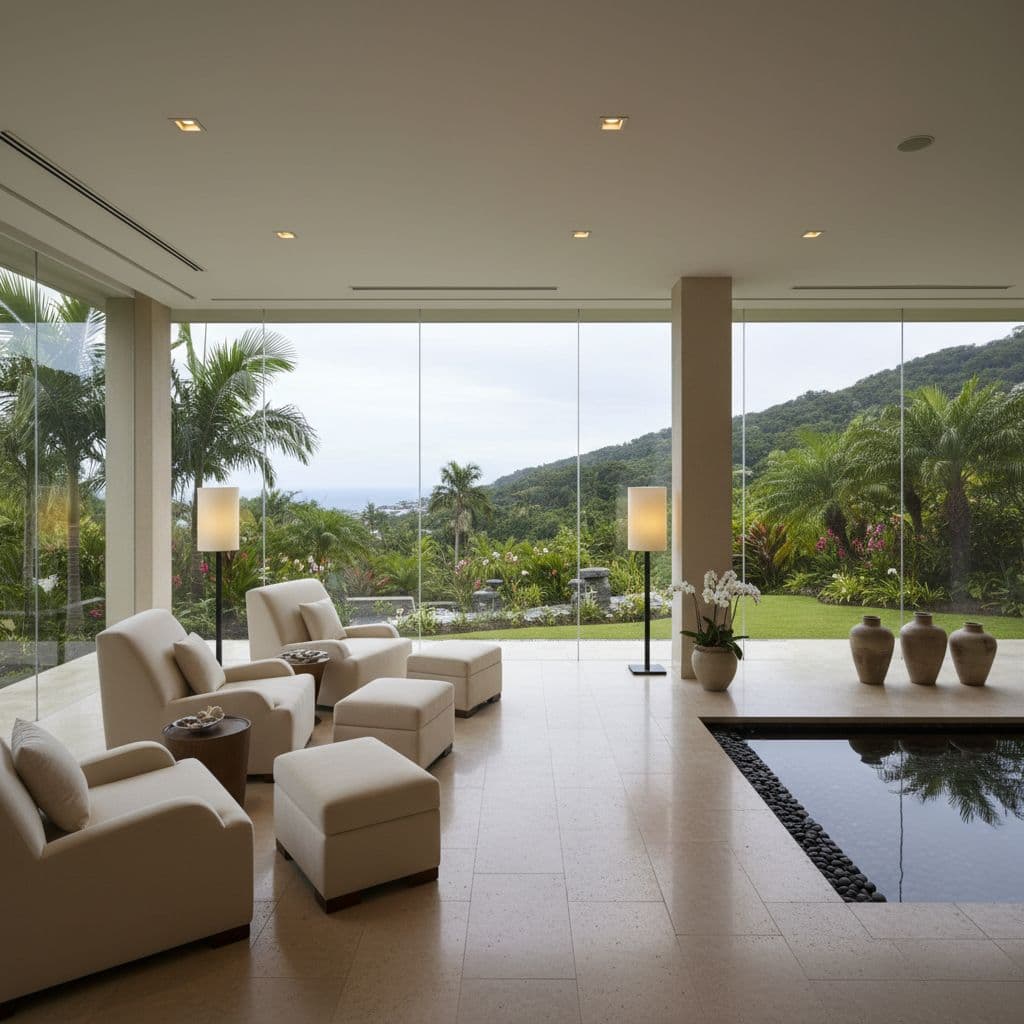 A quiet spa lounge featuring plush seating and large windows overlooking lush tropical gardens.