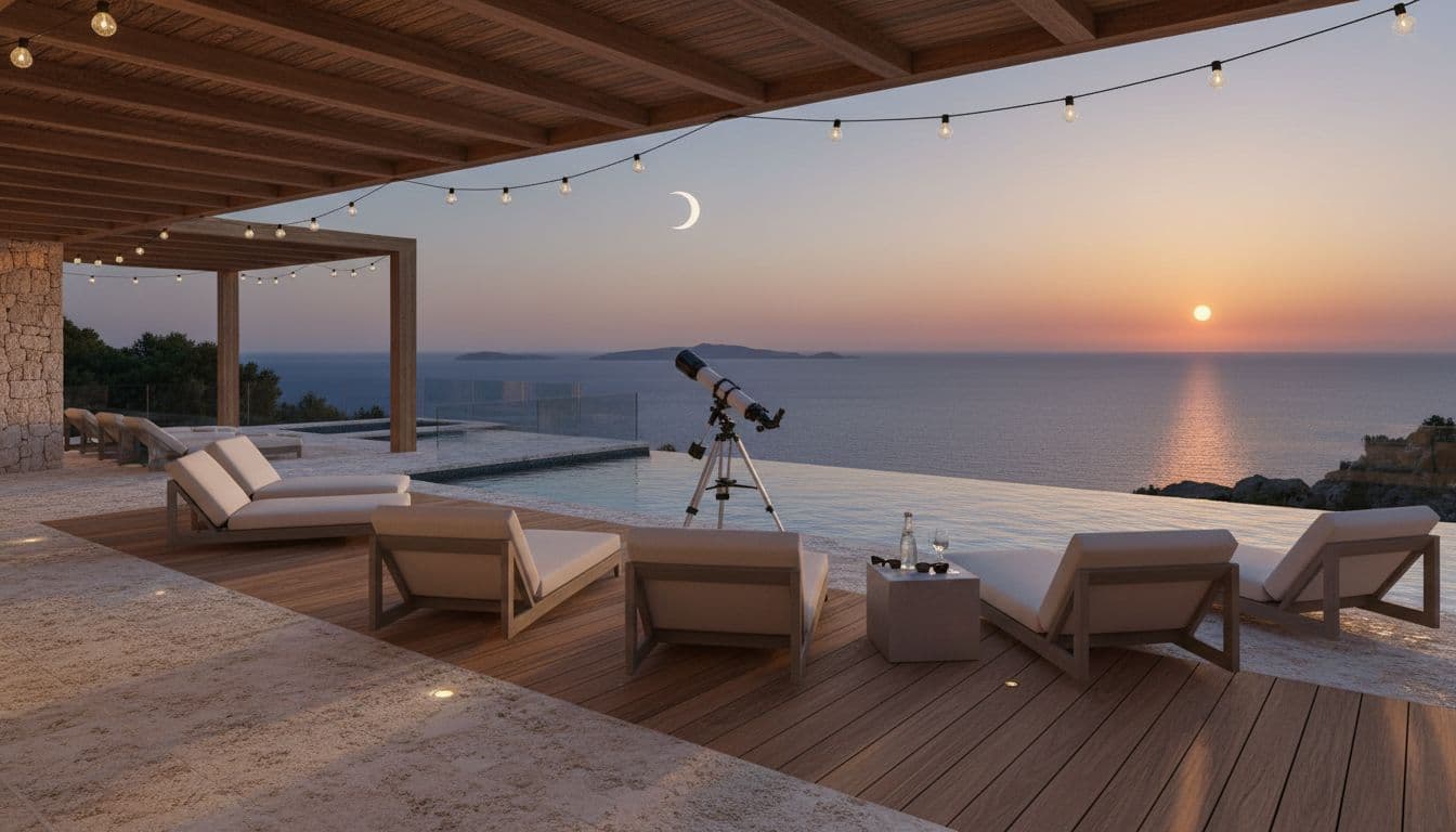Luxury Mallorca villa terrace setup for August 2026 solar eclipse viewing: lounge chairs, telescope, certified eclipse glasses, infinity pool, string lights, clear west horizon at dusk
