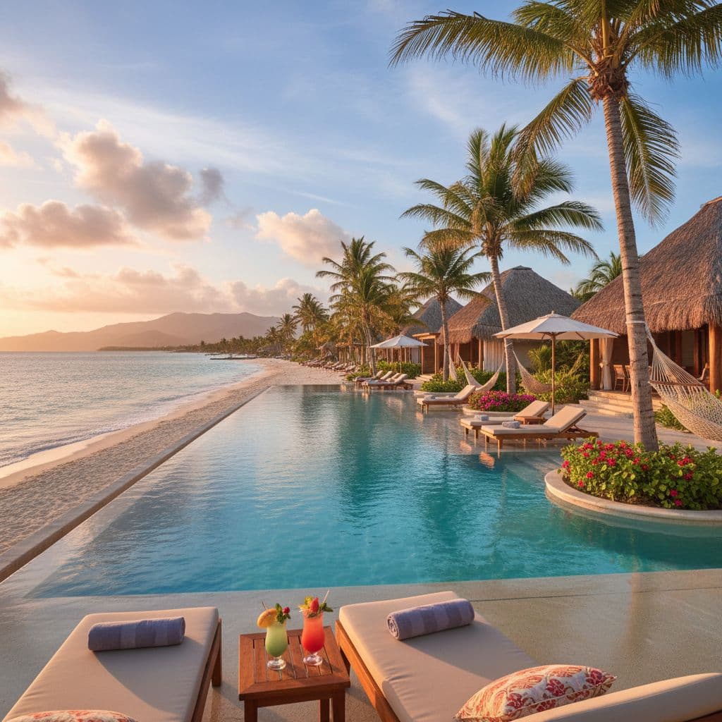 Luxury beach resort at sunset in Negril, Jamaica with palm trees and turquoise ocean