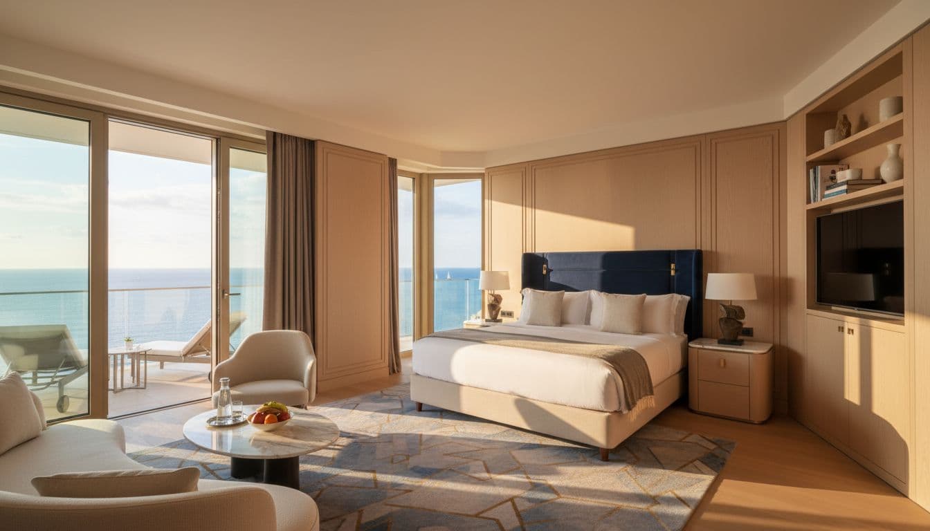 Photorealistic luxurious hotel suite with ocean view balcony, king bed featuring plush bedding, modern decor, spacious layout showcasing amenities, afternoon sunlight and warm lighting, no people or text.