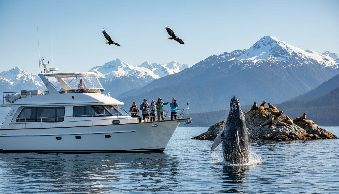 Luxury private yacht cruising calm waters near Juneau Alaska with a humpback whale breaching nearby, sea lions on rocks, bald eagles flying, and a small group of 6 guests plus naturalist guide relaxing on deck with snacks amid snowcapped mountains on a bright sunny day.
