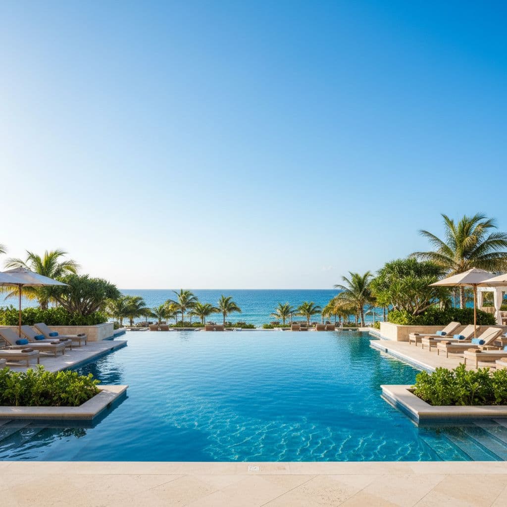 An infinity pool with turquoise water overlooks the ocean at a luxury resort in Cancun, Mexico.