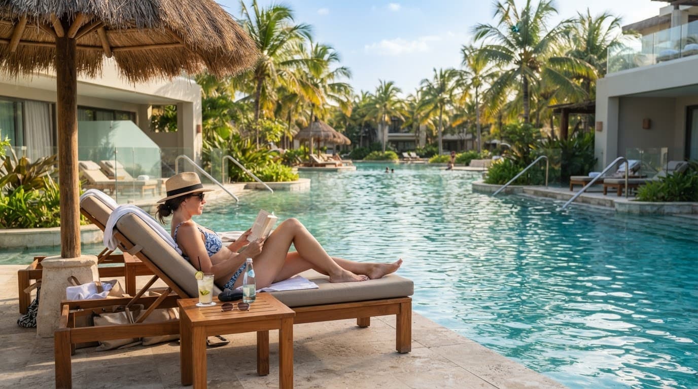 Person relaxing on a lounge chair beside a turquoise resort pool.