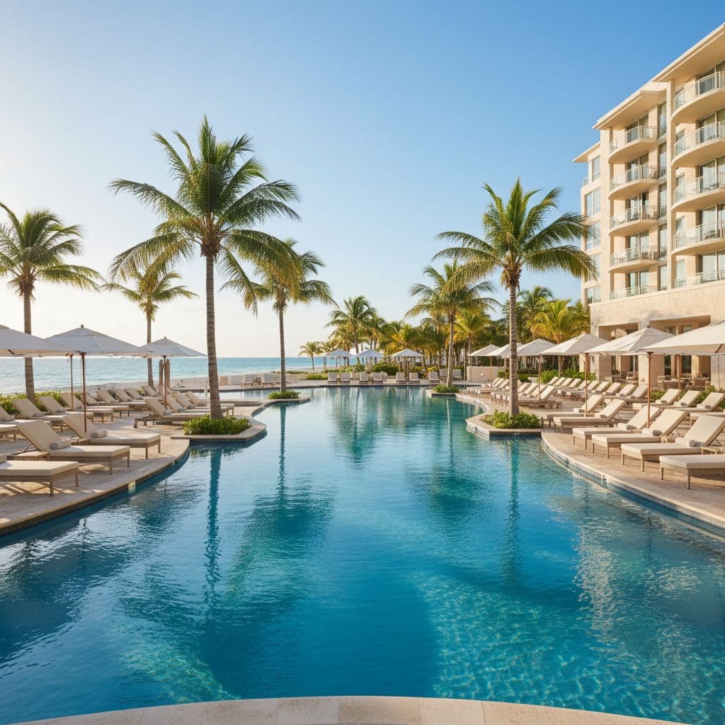 A tranquil swimming pool surrounded by elegant lounge chairs and swaying palm trees at a beach resort.