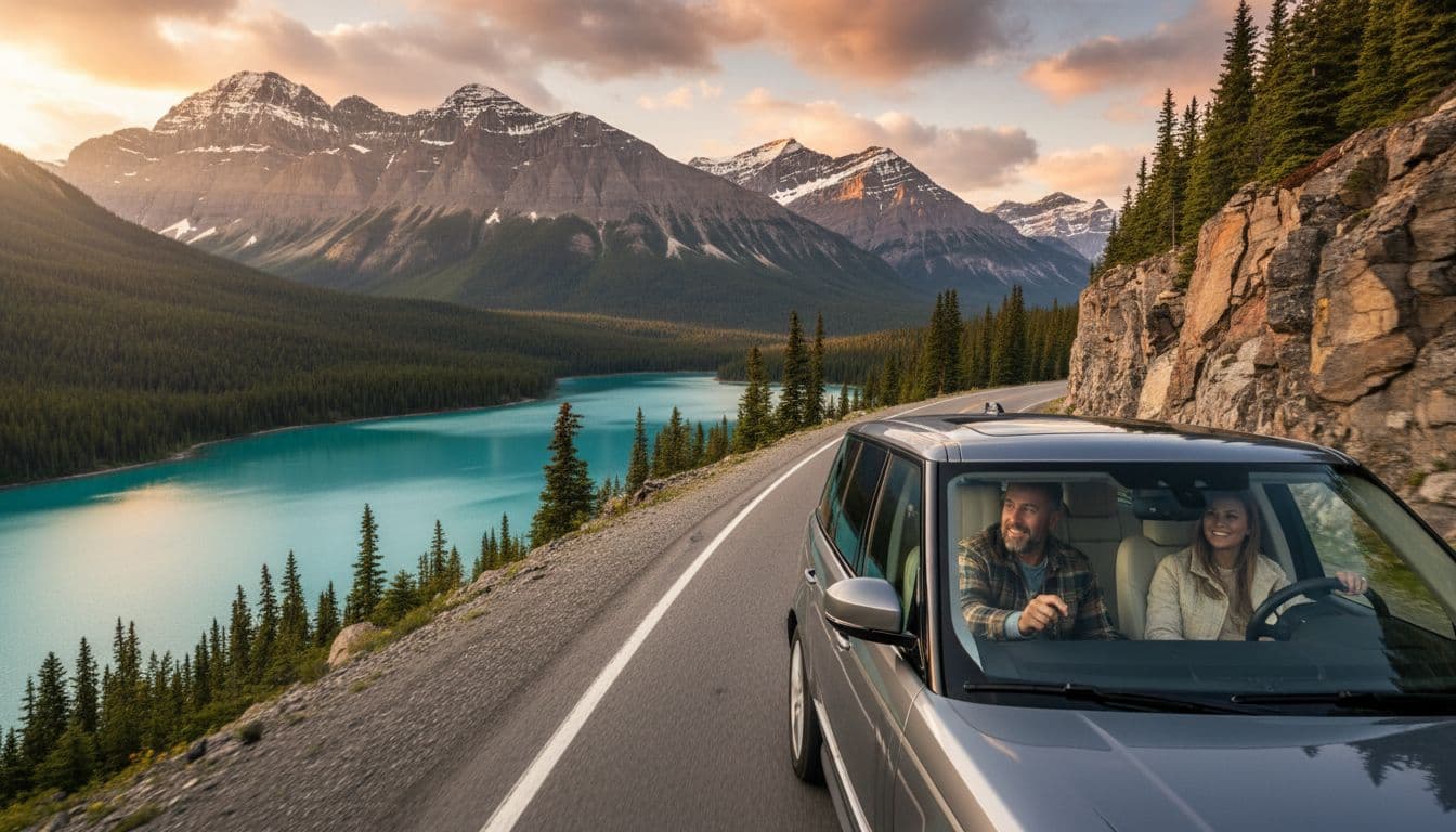 Luxury SUV on a winding mountain road approaching the vibrant turquoise Emerald Lake in Yukon from Skagway, with a private guide pointing out scenery to two passengers amid golden hour light.