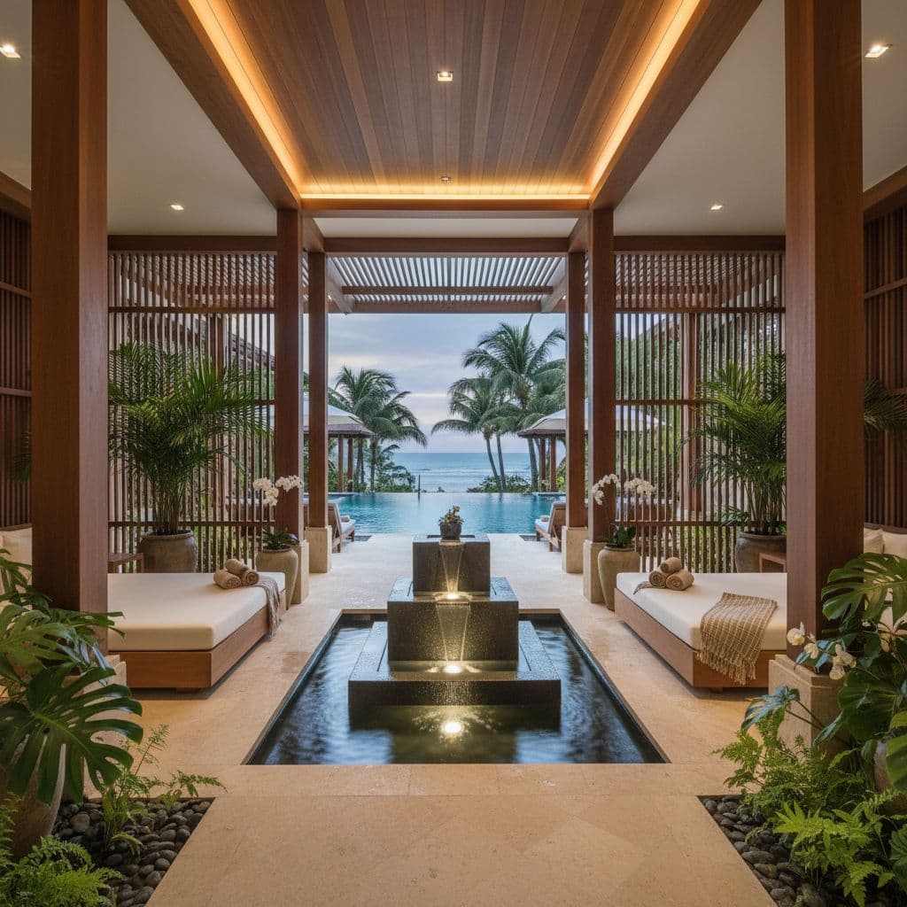 A tranquil indoor-outdoor spa featuring natural wood decor and a gentle water feature.