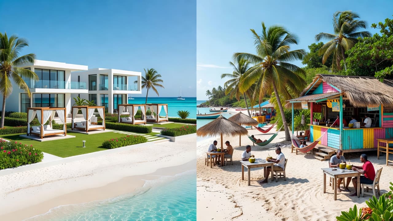 A split composition shows a polished white luxury resort with private cabanas on the left, contrasted against a rustic sun-drenched local beach bar with palm-thatched umbrellas on the right.