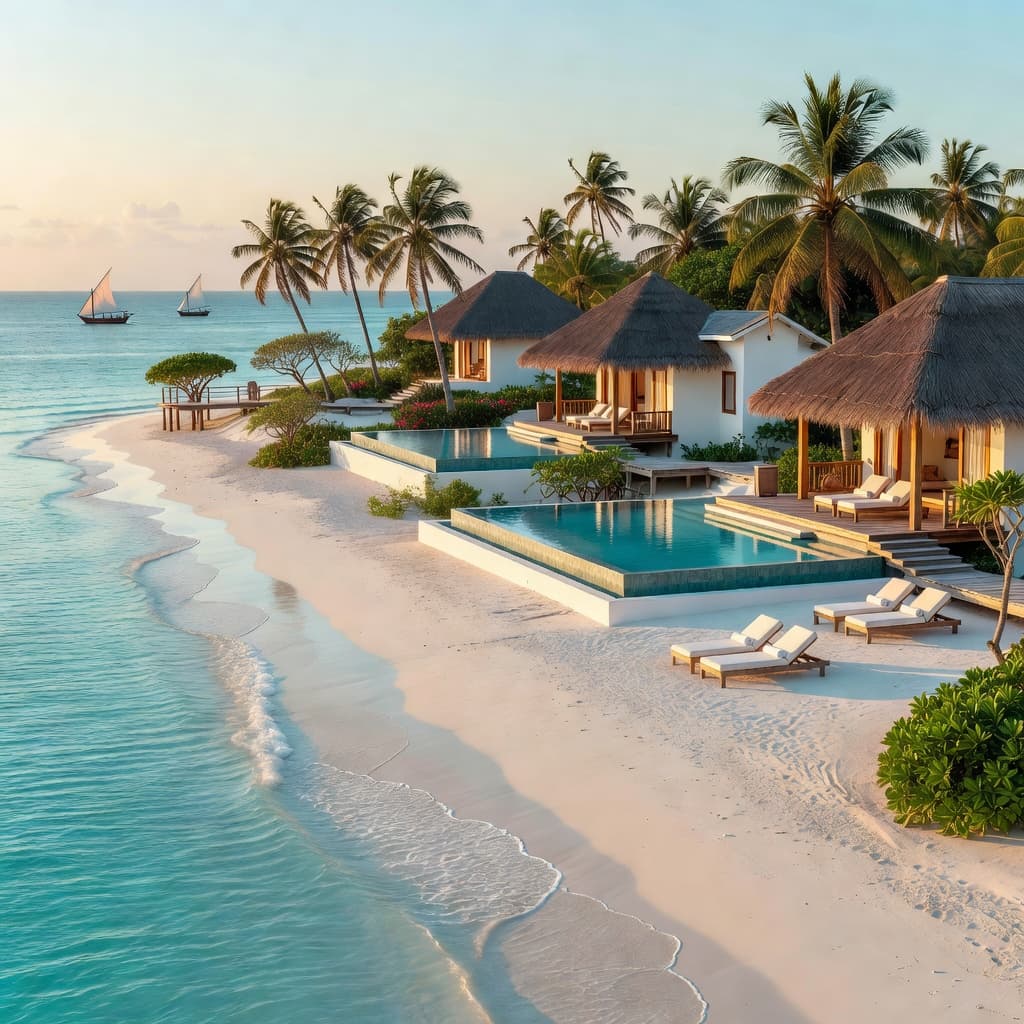 Luxury beach resort in Zanzibar with white sand, turquoise water, palm trees, and thatched umbrellas under sunny sky.
