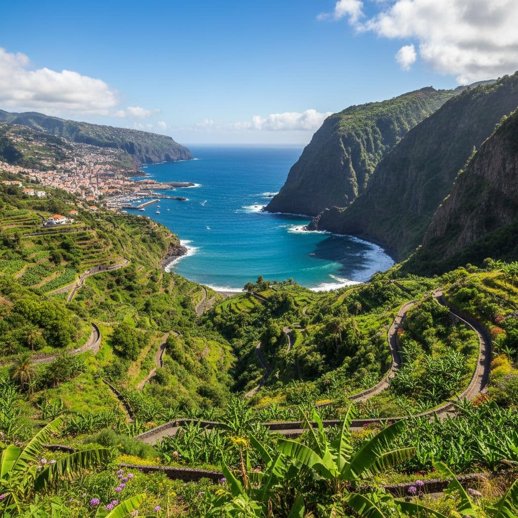 Panoramic view of Madeira island cliffs and turquoise ocean near Funchal in 2026