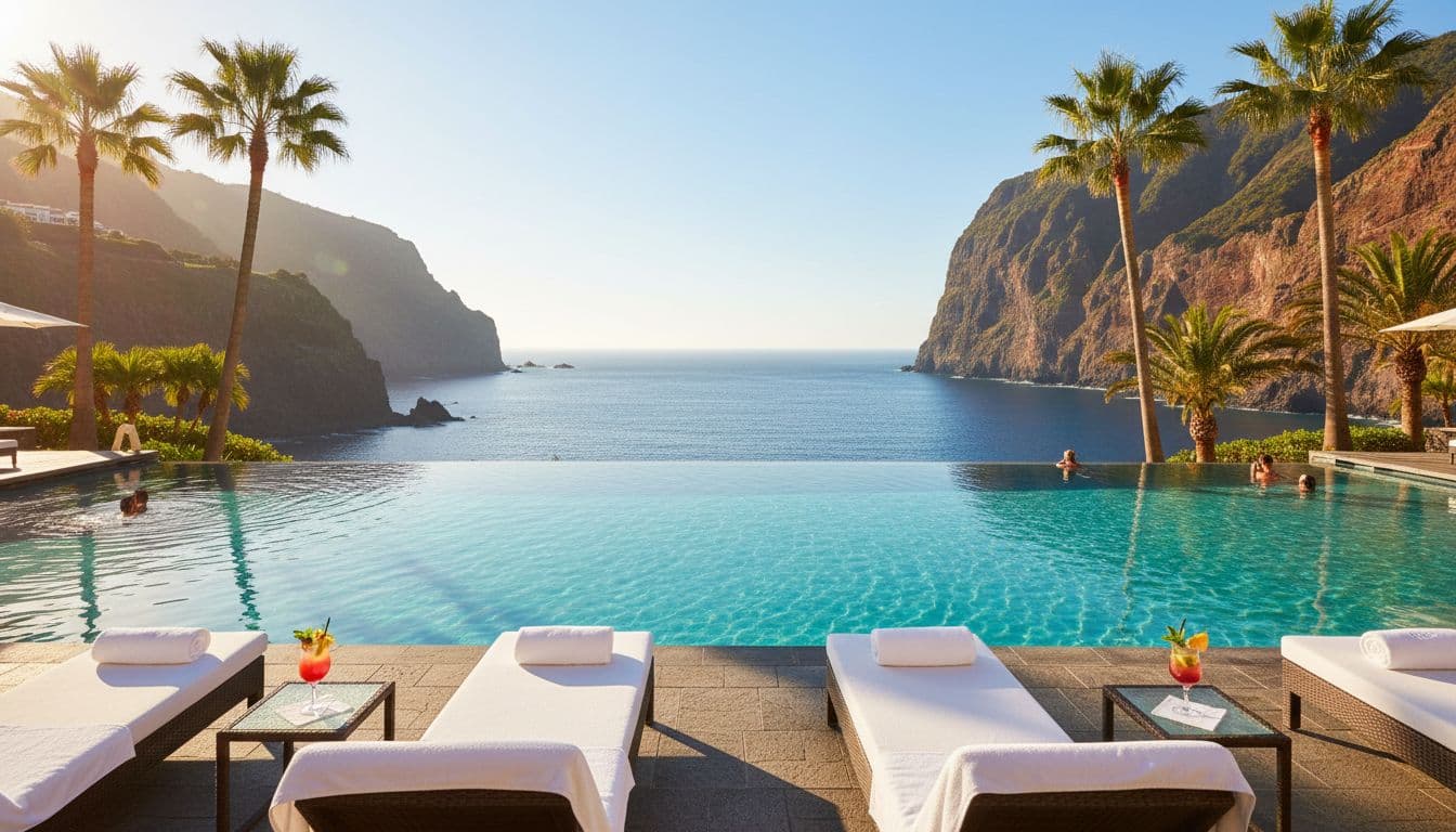 Luxury all-inclusive resort pool in Madeira with Atlantic Ocean views