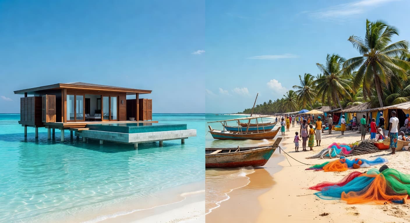 Split composition showing private wooden villa over turquoise Maldivian waters versus sun-drenched Zanzibar shoreline with colorful fishing boats.