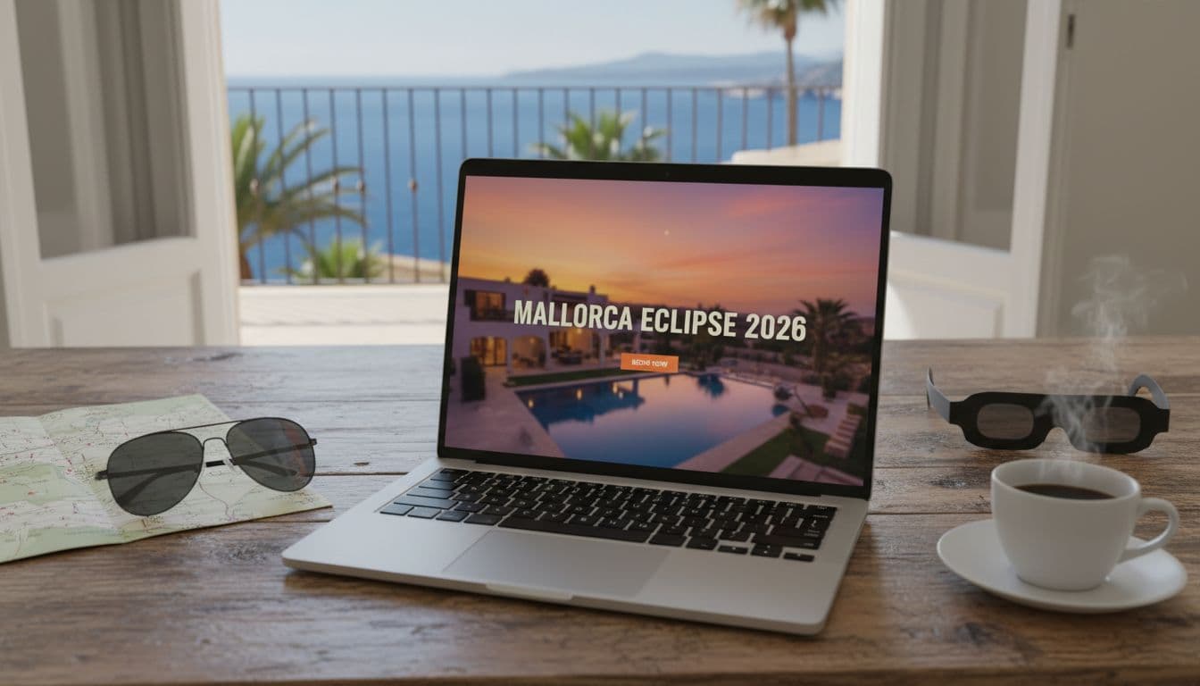 Traveler comparing luxury villa booking options for Mallorca August 2026 solar eclipse on laptop: Booking.com Trip.com Expedia filters visible, eclipse glasses and Mallorca map beside coffee cup