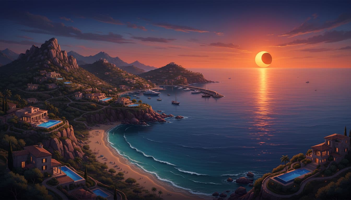 Panoramic map illustration of Mallorca west coast eclipse viewing spots: Palma south beaches Port de Soller Deia cliffs luxury villas marked for August 12 2026 sunset totality