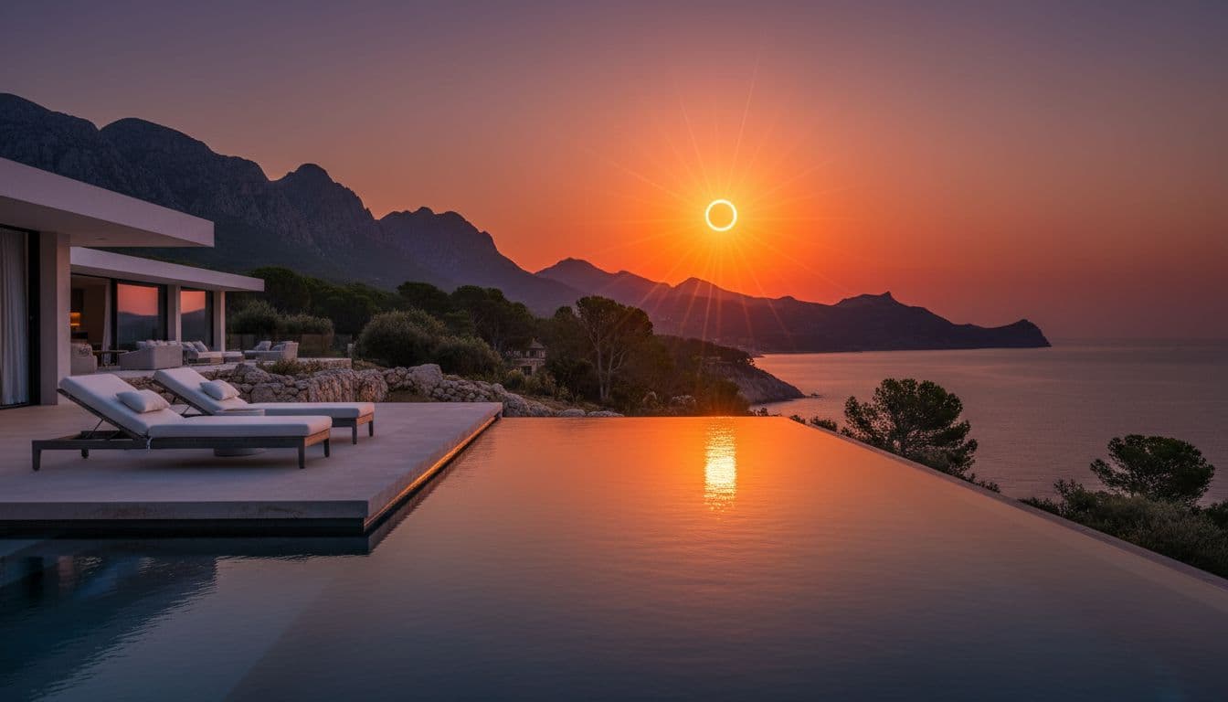 Luxury private villa infinity pool terrace in Mallorca during August 12 2026 total solar eclipse at sunset, family of four viewing west-facing Mediterranean horizon, eclipse corona visible over sea