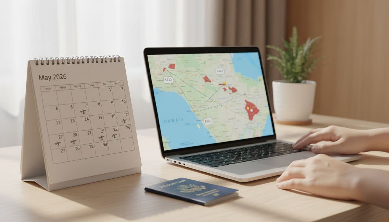 Open May 2026 calendar on desk marks cheap flight dates with ticket icons; laptop shows Hawaii map, hands rest nearby.