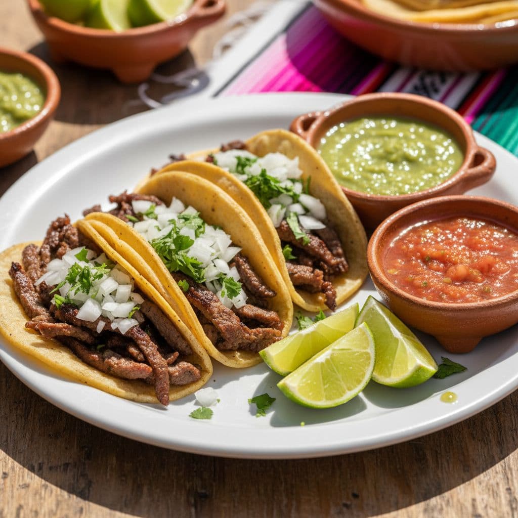 A close-up view of vibrant Mexican street tacos served with lime wedges and fresh salsa.