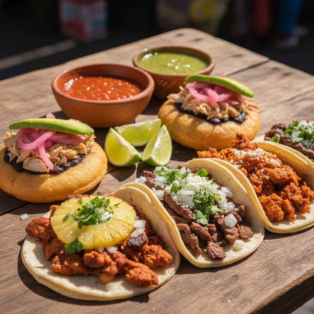 A rustic table featuring a variety of tacos, panuchos, and fresh lime wedges in bright daylight.