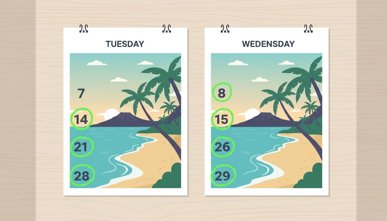 Split calendar highlights Tuesday and Wednesday in green over Hawaii beach background on wooden table.