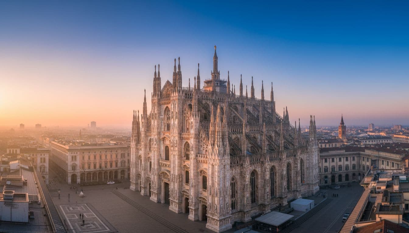 Sunrise over the Duomo rooftop in Milan