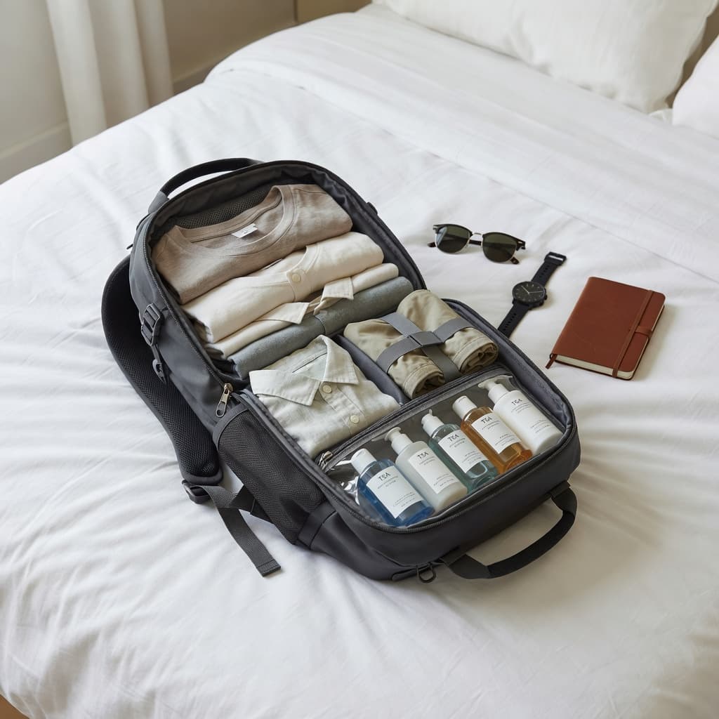 A neatly packed travel backpack rests on a soft bedspread surrounded by folded cotton shirts, small travel toiletry bottles, and passport accessories.