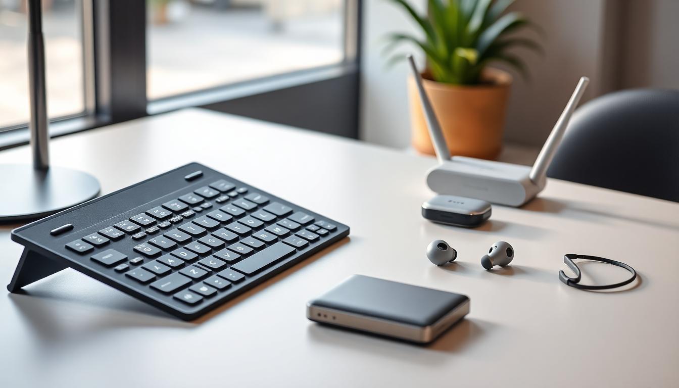 Minimalist desk setup with tech items in natural light