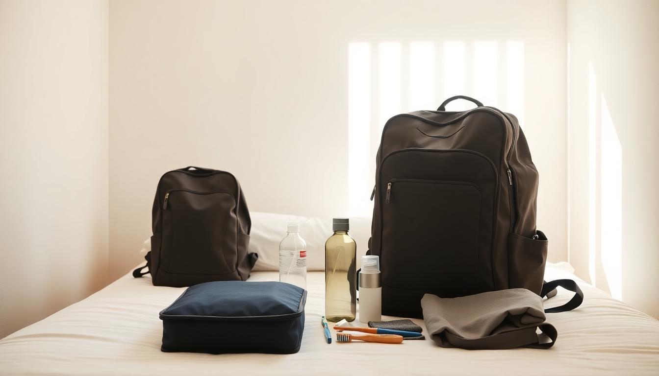 Minimalist packing scene on a hostel bed with compact 40L backpack, packing cubes, eco-friendly bottle, bamboo toothbrush, and travel towel. Realistic, bright, and inviting.