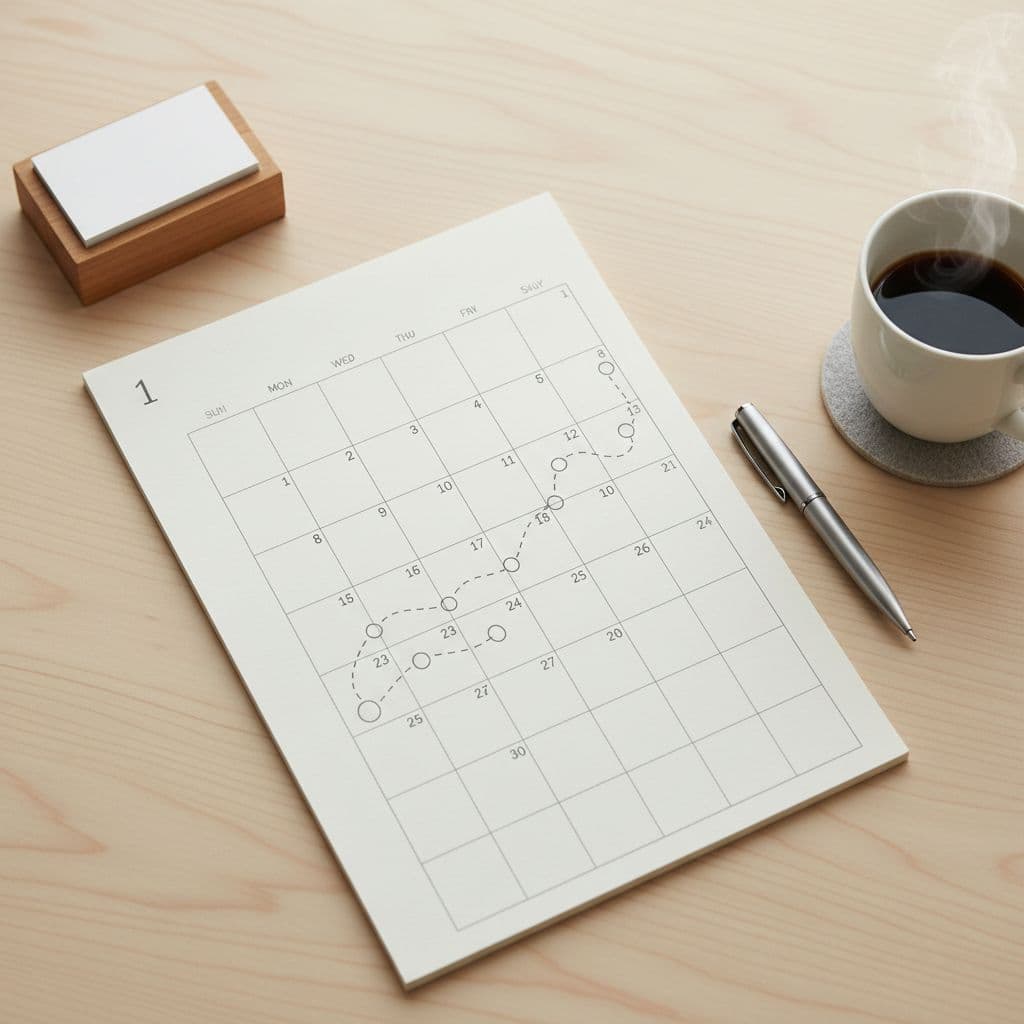 A top-down view of a calendar and a pen resting on a clean wooden desk surface.