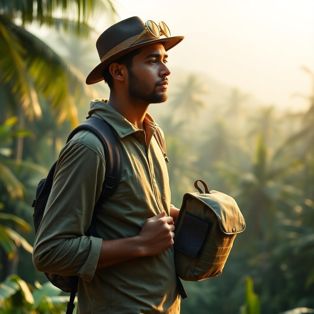 Minimalist traveler sorting lightweight gear into a small backpack, lush jungle and soft morning sun in the background.