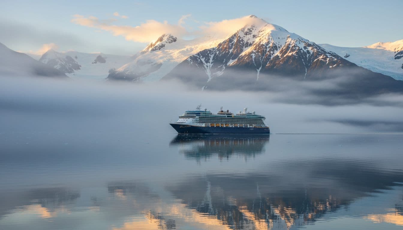 A lone cruise ship glides through a misty Alaskan fjord at dawn, with mist clearing to unveil bright sunlight illuminating towering blue glaciers and snow-capped mountains, reflected in calm glassy waters.