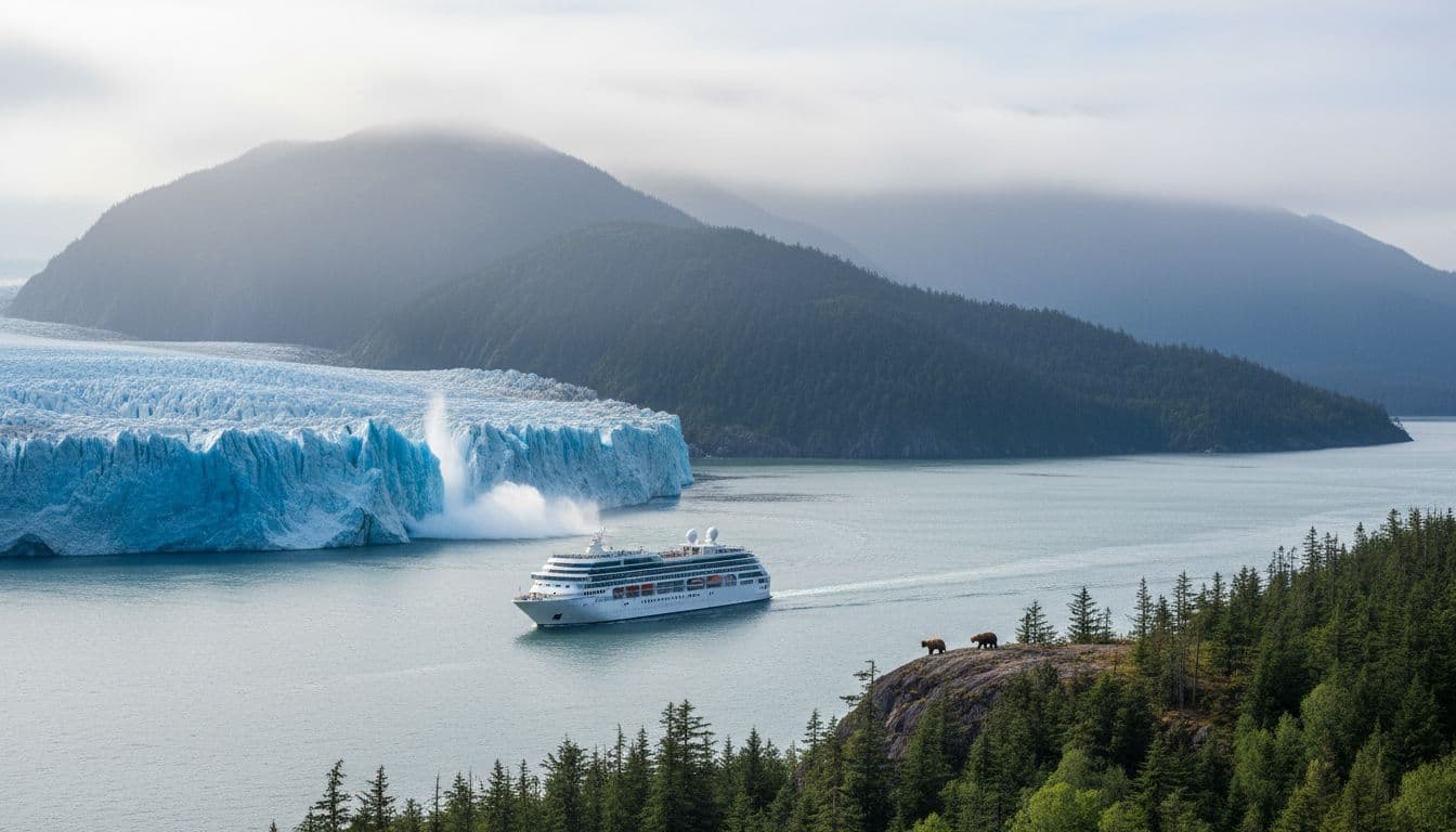 Cool misty Alaskan fjord in late May shoulder season with a small luxury cruise ship sailing past a massive blue glacier