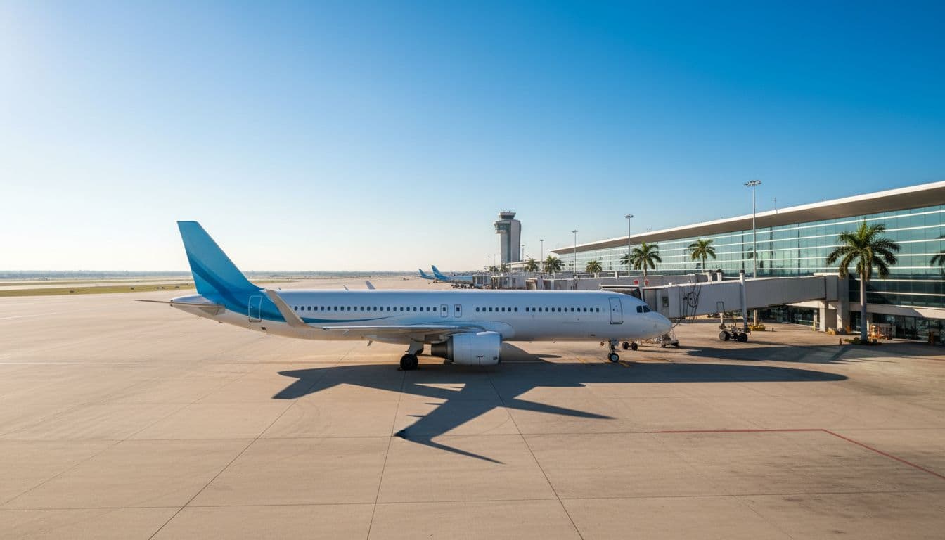 A sleek white commercial jet sits stationary on the sun-drenched tarmac of an airport in Mexico. Beneath a vast cloudless blue sky, ground service equipment rests near the wing's edge.