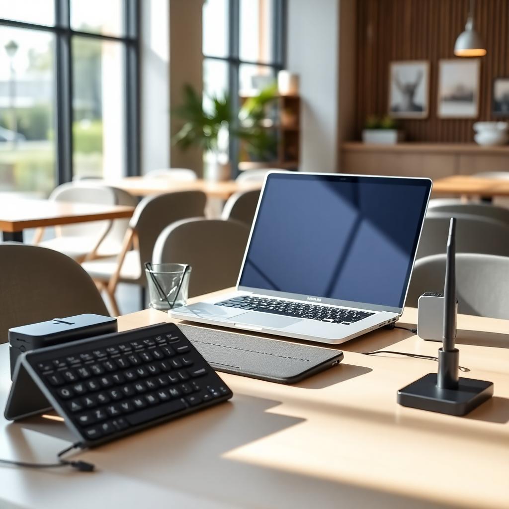 Desk setup in a modern café with tech items