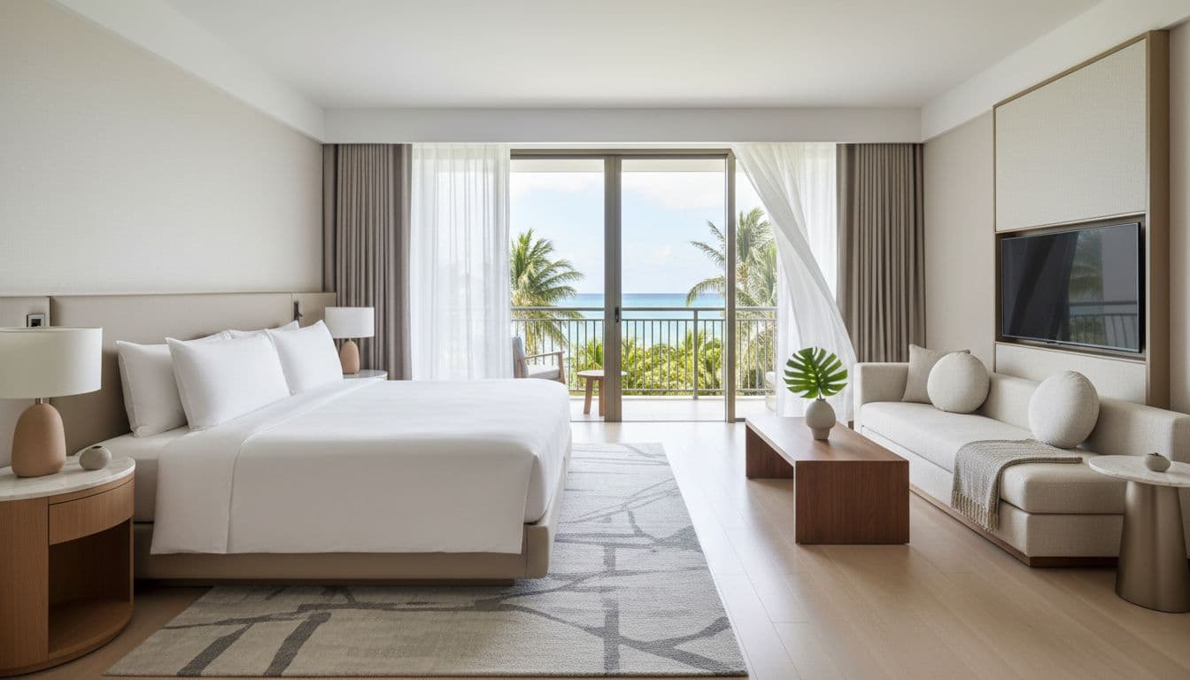 A minimalist hotel bedroom features a plush king-sized bed and expansive windows overlooking a tropical setting.