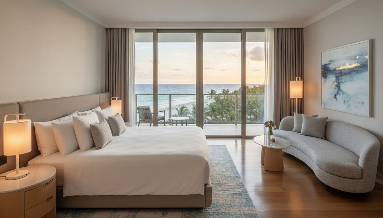 A clean, modern hotel room features comfortable bedding and a direct view of the ocean.
