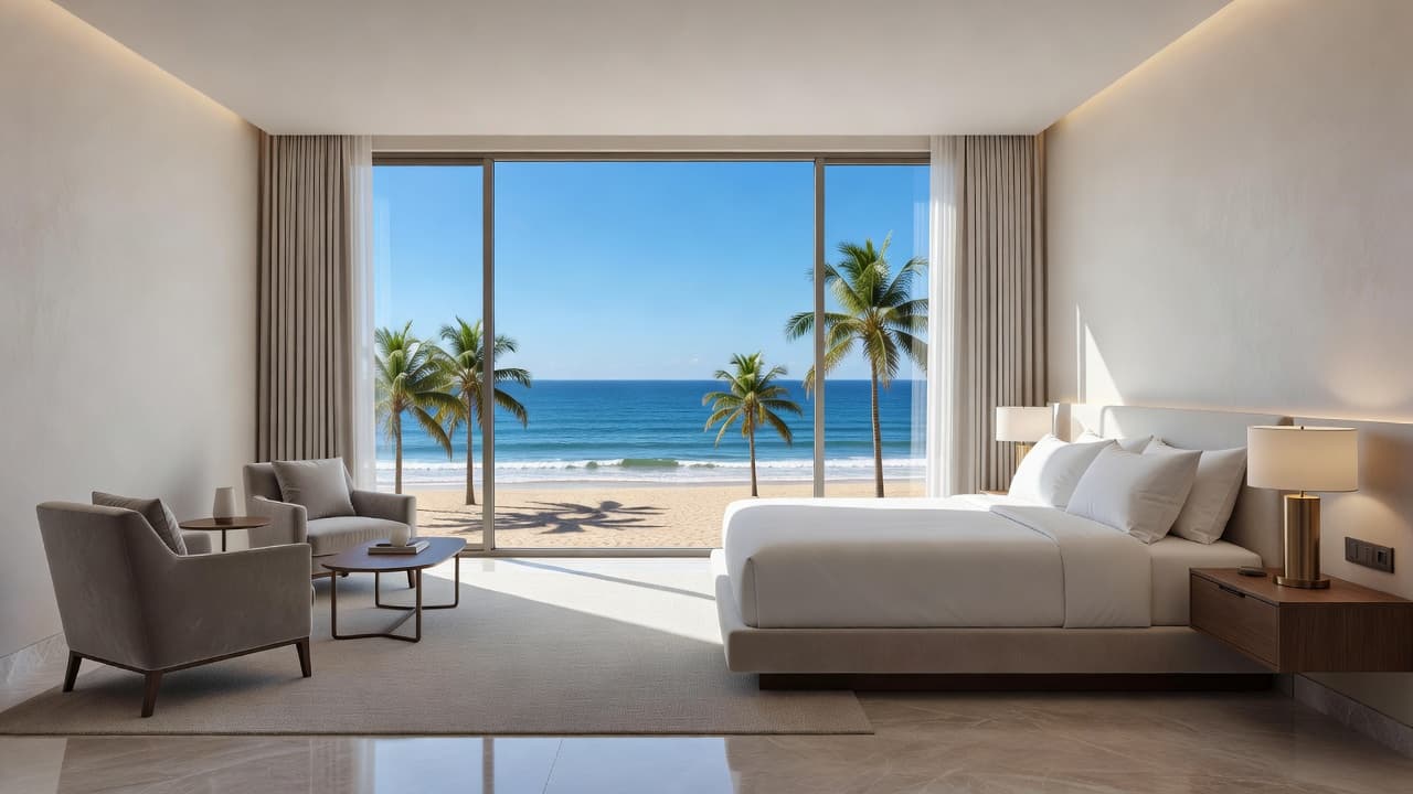 A spacious modern hotel bedroom featuring minimalist decor and crisp white linens with a massive floor-to-ceiling window revealing lush green palm trees and the vibrant Caribbean sea.